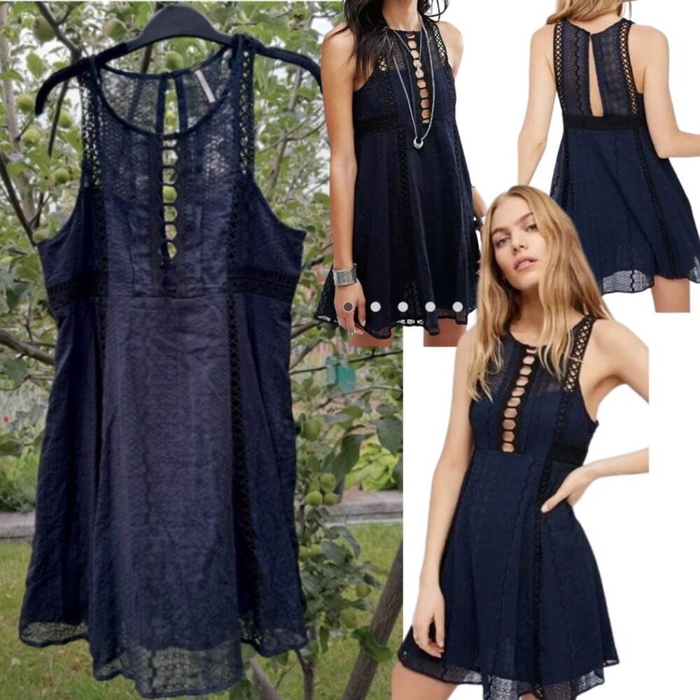 FREE PEOPLE Wherever You Go Black Navy Crochet & Lace Mini Tunic Dress, Sz 12